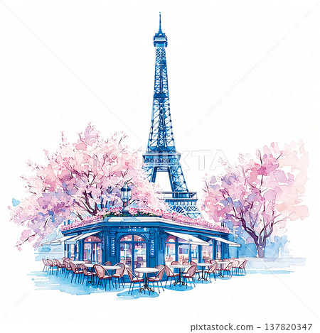 People enjoy drinks and food at a cafe near the Eiffel Tower in Paris during springtime with blooming cherry blossom trees 137820347