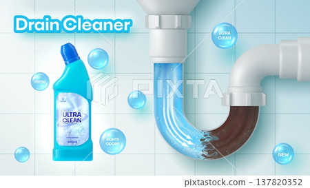 Realistic bathroom, kitchen and toilet drain pipe and cleaner bottle next to transparent curved pipe showing cleaning process inside plumbing system. 3d vector sanitation hygiene product ads banner 137820352
