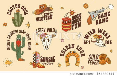 Funky Western y2k groovy Wild West and cowboy stickers with cartoon hat, cactus and horseshoe characters. Vector y2k Western skull, cowboy boot and dynamite, y2k groovy sheriff gun and gold stickers Funky Western y2k groovy Wild West and cowboy stickers with cartoon hat, cactus and horseshoe characters. Vector y2k Western skull, cowboy boot and dynamite, y2k groovy sheriff gun and gold stickers 137820354