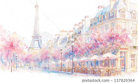 View of Eiffel Tower and street lined with cherry blossom trees and outdoor cafes during spring in Paris View of Eiffel Tower and street lined with cherry blossom trees and outdoor cafes during spring in Paris 137820364