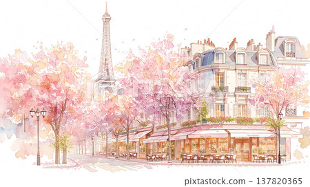 People walk past a cafe with cherry blossom trees and the Eiffel Tower in the background during springtime in Paris People walk past a cafe with cherry blossom trees and the Eiffel Tower in the background during springtime in Paris 137820365
