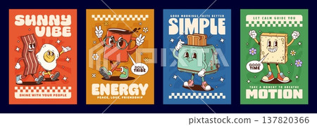 Breakfast groovy hippie characters posters with slogans sunny vibe and shine with your people. Soul tribe, peace, love or friendship, good morning taste better. Good time, take a moment to breathe 137820366