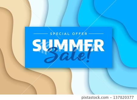 Paper cut summer season special offer sale banner with blue headline panel, layered papercut waves in sand and ocean colors. 3d vector seasonal promotion, special offer layout with fresh vacation mood Paper cut summer season special offer sale banner with blue headline panel, layered papercut waves in sand and ocean colors. 3d vector seasonal promotion, special offer layout with fresh vacation mood 137820377