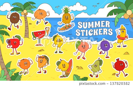 Cartoon groovy tropical fruit characters at summer beach holidays, vector stickers. Funny groovy tropical fruit characters at sea, funky pineapple on surfboard with banana and papaya in sunglasses Cartoon groovy tropical fruit characters at summer beach holidays, vector stickers. Funny groovy tropical fruit characters at sea, funky pineapple on surfboard with banana and papaya in sunglasses 137820382