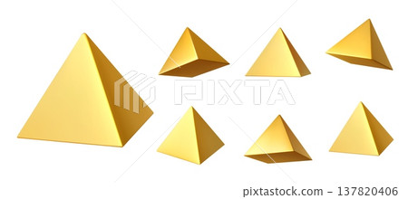 3d golden pyramids vector set of different angle views. Isolated realistic vector glossy geometric shapes with metallic surface, light reflections representing abstract forms and luxury value figures 3d golden pyramids vector set of different angle views. Isolated realistic vector glossy geometric shapes with metallic surface, light reflections representing abstract forms and luxury value figures 137820406
