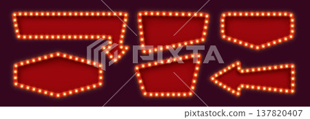 Retro lightbox billboard, quiz party and lottery signboard, light bulb marquee frame, circus board, arrow and banner frames with glowing lightbulb border. Vector vintage Illuminated red cinema panels 137820407