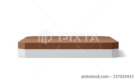Wooden podium stage with white plate for cosmetic products promotion, vector realistic 3D. Premium podium display or pedestal stage, square stand with cut edges of white and wood plate layers Wooden podium stage with white plate for cosmetic products promotion, vector realistic 3D. Premium podium display or pedestal stage, square stand with cut edges of white and wood plate layers 137820433