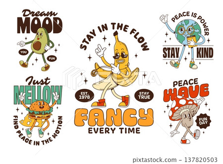 Retro hippie funky groovy characters stickers and t shirt prints with slogans as dream mood, just mellow, find peace in the motion. Stay in the flow, fancy every time, peace is power and stay kind Retro hippie funky groovy characters stickers and t shirt prints with slogans as dream mood, just mellow, find peace in the motion. Stay in the flow, fancy every time, peace is power and stay kind 137820503