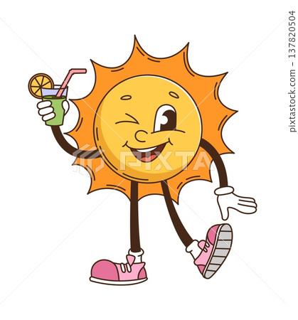 Cartoon groovy hippie y2k retro sun character with smiling face and wink. Vector happy cute funny funky nostalgic vintage old school personage, comic emotion holding drink glass with straw and lemon Cartoon groovy hippie y2k retro sun character with smiling face and wink. Vector happy cute funny funky nostalgic vintage old school personage, comic emotion holding drink glass with straw and lemon 137820504