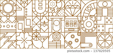 Abstract geometric casino pattern. Modern vector seamless pattern with classic casino symbols. Cards, dice, money, crown, cocktail, wallet, clover, chips, and suits for gaming backgrounds Abstract geometric casino pattern. Modern vector seamless pattern with classic casino symbols. Cards, dice, money, crown, cocktail, wallet, clover, chips, and suits for gaming backgrounds 137820505