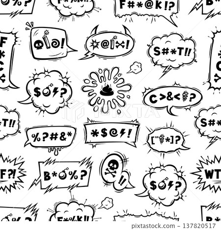 Comic swear speech bubbles vector seamless pattern. Black and white speech balloons with scribbled profanity marks, exaggerated curse words, expressive cloud bursts. Funny crayons seamless pattern Comic swear speech bubbles vector seamless pattern. Black and white speech balloons with scribbled profanity marks, exaggerated curse words, expressive cloud bursts. Funny crayons seamless pattern 137820517