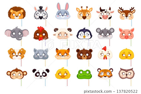Cartoon carnival party animal and bird masks for festive masquerade, vector props. Carnival animal masks with circular eye cutouts and stripe sticks, funny lion, cat and bunny or panda and tiger masks 137820522