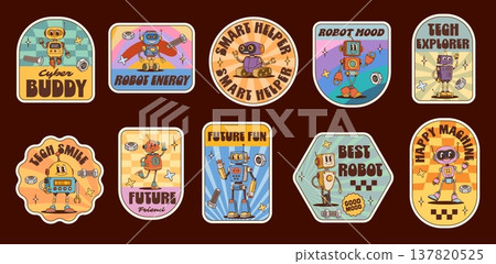 Robot characters on hippie groovy stickers and retro patches with droids, cartoon vector. Y2K funny groovy robot characters with happy faces and technology quotes, funky droids and futuristic bots 137820525