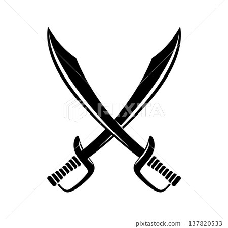 Pirate sabers or crossed swords icons of corsair battle blades and sailor daggers, vector broadswords. Pirate saber swords of Caribbean corsairs blades and crossed cutlass of seaman or knight dirks 137820533