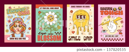 Retro groovy hippie characters posters with melting smile emoji drip and daisy flowers, vector psychedelic art. Y2K groovy posters with hippie girl in sunglasses and rainbow hair with good vibe quotes Retro groovy hippie characters posters with melting smile emoji drip and daisy flowers, vector psychedelic art. Y2K groovy posters with hippie girl in sunglasses and rainbow hair with good vibe quotes 137820535
