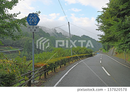 沿著縣道穿過籠罩在晨霧中的山脈,欣賞內子町石田谷地區寧靜的鄉村景色。 沿著縣道穿過籠罩在晨霧中的山脈,欣賞內子町石田谷地區寧靜的鄉村景色。 137820578