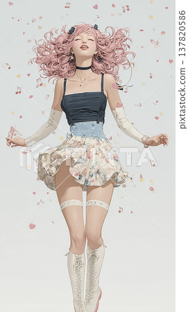 艾米系列：粉紅色頭髮的年輕女子正在唱歌。艾米系列全身插畫素材。 137820586