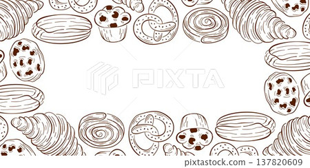 Bakery pastries border with croissant, pretzel, cookie and sweet rolls in line art style. Illustration background for menu, gift card and wrapping. 137820609