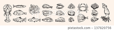 Sea food doodle icon set, hand drawn ocean eatery ink menu illustration, fresh fish, octopus, crab. Sea food doodle icon set, hand drawn ocean eatery ink menu illustration, fresh fish, octopus, crab. 137820756