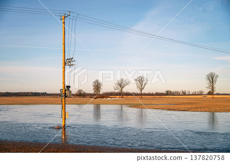 Spring thaw causes ice to melt and water to flood fields in rural area Spring thaw causes ice to melt and water to flood fields in rural area 137820758