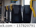 Seats in a public transport vehicle during the day with no passengers present 137820791