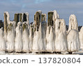 Wooden posts stand by the lake, covered in ice during the winter season with bright sky above. 137820804
