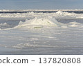 Ice formations float on water in a cold winter landscape near a frozen shore 137820808