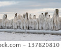 Frozen structures line a shoreline in winter at a lake 137820810