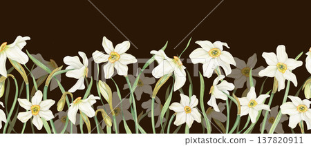 Watercolor blooming Daffodils seamless horizontal banner on black background. Hand drawn spring white narcissus flowers ornate. Floral pattern for Easter textile, kitchen decor, web design Watercolor blooming Daffodils seamless horizontal banner on black background. Hand drawn spring white narcissus flowers ornate. Floral pattern for Easter textile, kitchen decor, web design 137820911