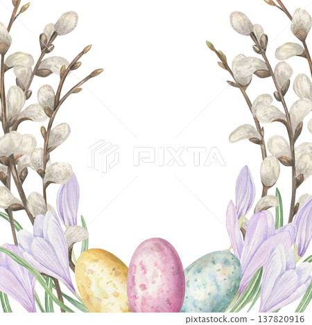 Watercolor Orthodox Easter composition border on isolated background. Willow branch with white bud, colored eggs and crocus. Spring catkins and flowers frame for greeting card, invitation Watercolor Orthodox Easter composition border on isolated background. Willow branch with white bud, colored eggs and crocus. Spring catkins and flowers frame for greeting card, invitation 137820916