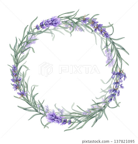 Lavender or rosemary branches round wreath watercolor illustration on isolated background. Scented wildflowers with purple flowers and green leaves frame with copy space for text. Lavender or rosemary branches round wreath watercolor illustration on isolated background. Scented wildflowers with purple flowers and green leaves frame with copy space for text. 137821095