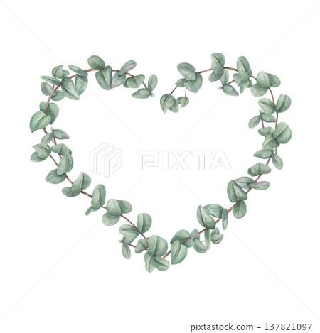 Eucalyptus leaves branches in heart shape watercolor illustration on isolated background. Hand drawn green foliage frame with empty space for text. Wedding invitation, greetings, thank you note 137821097
