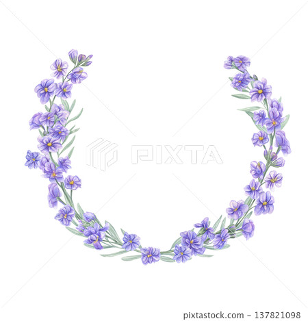 Watercolor flowered blue Matthiola wreath on isolated background. Hand drawn Hoary Stock flowers on green stem frame for greeting cards, poster, decor, spring design. Copy space for text Watercolor flowered blue Matthiola wreath on isolated background. Hand drawn Hoary Stock flowers on green stem frame for greeting cards, poster, decor, spring design. Copy space for text 137821098