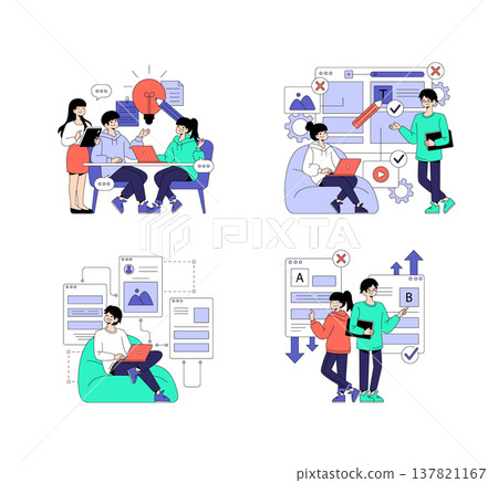 Vector illustration depicts teams collaborating and brainstorming on digital projects, including content creation and design. Features diverse people engaging in teamwork with laptops and notes. Vector illustration depicts teams collaborating and brainstorming on digital projects, including content creation and design. Features diverse people engaging in teamwork with laptops and notes. 137821167