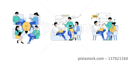 Vector illustration depicting a group of people engaging in a collaborative discussion. The image highlights teamwork, communication, and productivity, featuring charts and checklists. Vector illustration depicting a group of people engaging in a collaborative discussion. The image highlights teamwork, communication, and productivity, featuring charts and checklists. 137821168