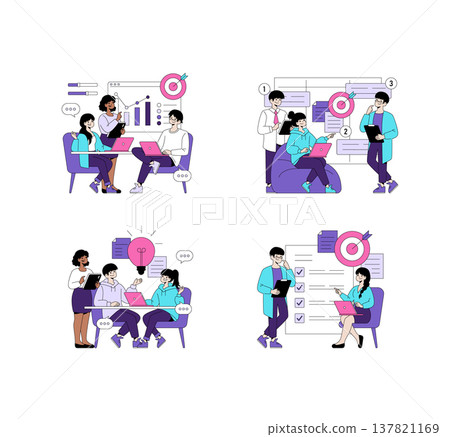 Vector illustration showing business teams collaborating on project planning and strategy using laptops and charts in a modern office setting. Professional teamwork, innovation, and communication are Vector illustration showing business teams collaborating on project planning and strategy using laptops and charts in a modern office setting. Professional teamwork, innovation, and communication are 137821169