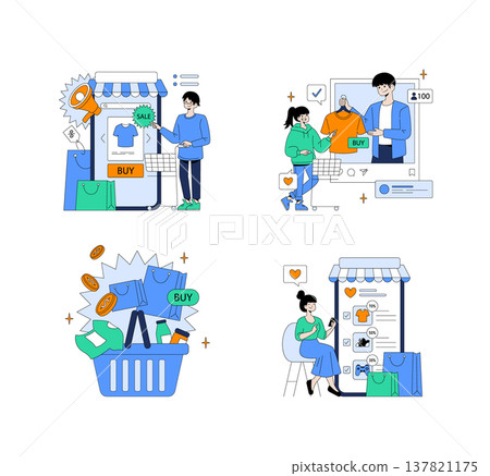 Vector illustration depicting people engaging with online shopping through mobile devices and interacting with social media. Bright colors emphasize digital commerce and connectivity. 137821175