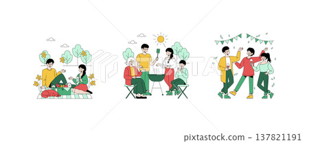 Vector illustration showing a family enjoying a picnic, having a barbecue, and celebrating together outdoors. Different scenes depict relaxation, cooking, and a festive dance. 137821191