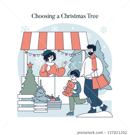 Family exploring a festive market stand to choose a Christmas tree. The illustration captures joyful interactions as a parent and child engage with the vendor in a holiday setting. Family exploring a festive market stand to choose a Christmas tree. The illustration captures joyful interactions as a parent and child engage with the vendor in a holiday setting. 137821202