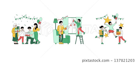 Vector illustration of a family celebrating a birthday. The family members hold gifts, balloons, and cake while decorating with banners and enjoying the festive atmosphere together. Vector illustration of a family celebrating a birthday. The family members hold gifts, balloons, and cake while decorating with banners and enjoying the festive atmosphere together. 137821203