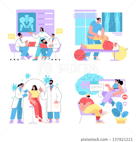 Vector illustration depicting medical professionals engaged in collaborative discussions, physiotherapy sessions, vaccination administration, and online consultations, showcasing diverse healthcare 137821221