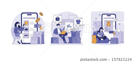 Vector illustration depicting people engaging in online shopping on various devices, showcasing product selections and purchase activities. Modern e-commerce concept with digital transactions. 137821224