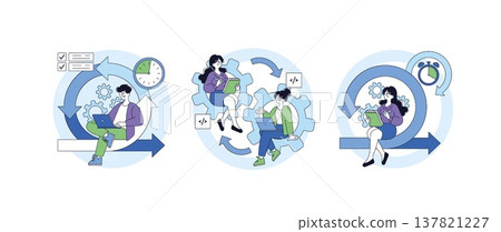 Vector illustration depicting team collaboration in agile processes with individuals working on laptops, notes, and coding within clock, gear, and cycle symbols representing workflow. Vector illustration depicting team collaboration in agile processes with individuals working on laptops, notes, and coding within clock, gear, and cycle symbols representing workflow. 137821227