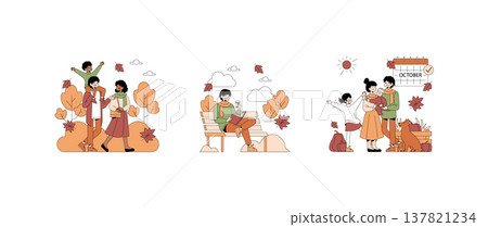 Vector illustration depicting joyful fall activities. A family walks through autumn leaves, a person reads on a bench, and a family with a child and dog enjoys the October outdoors. Vector illustration depicting joyful fall activities. A family walks through autumn leaves, a person reads on a bench, and a family with a child and dog enjoys the October outdoors. 137821234