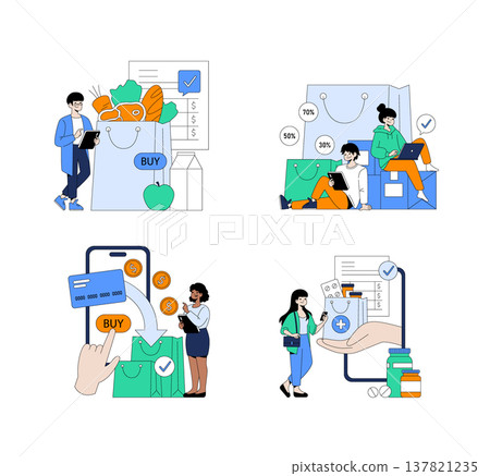 Vector illustration set depicting various online shopping activities. Includes people interacting with digital devices for grocery shopping, discount browsing, mobile payments, and online pharmacy Vector illustration set depicting various online shopping activities. Includes people interacting with digital devices for grocery shopping, discount browsing, mobile payments, and online pharmacy 137821235