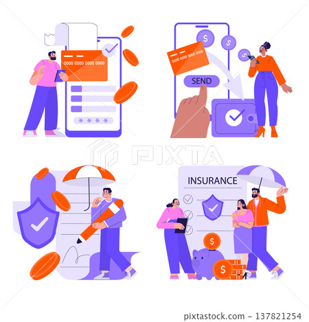 Vector illustration set depicting financial services and insurance scenes. Includes credit card transactions, secure payments, contract signing, and insurance coverage, highlighting positive 137821254