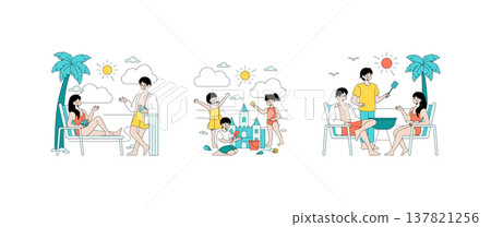 Vector illustration depicting a family enjoying various activities at the beach. Scenes include relaxing, building sandcastles, and having a picnic under the sun with joyful expressions. Vector illustration depicting a family enjoying various activities at the beach. Scenes include relaxing, building sandcastles, and having a picnic under the sun with joyful expressions. 137821256
