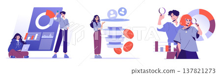 Vector illustration showcasing three people in a collaborative setting focused on business analysis. They engage with digital graphs and magnifying glass, visualizing data insights. Vector illustration showcasing three people in a collaborative setting focused on business analysis. They engage with digital graphs and magnifying glass, visualizing data insights. 137821273