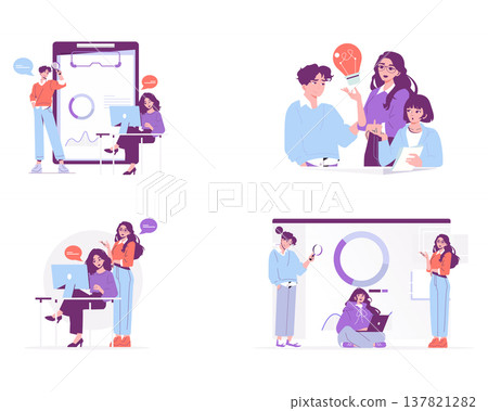 Vector illustration depicting collaborative teamwork. Diverse scenes show professionals brainstorming, sharing ideas, and analyzing data with laptops and digital tools in a creative workspace. 137821282