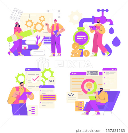 Vector illustration depicting teamwork, financial growth, analytics, and programming. Diverse professionals engage in project planning, financial management, and data analysis in a creative workspace. Vector illustration depicting teamwork, financial growth, analytics, and programming. Diverse professionals engage in project planning, financial management, and data analysis in a creative workspace. 137821283